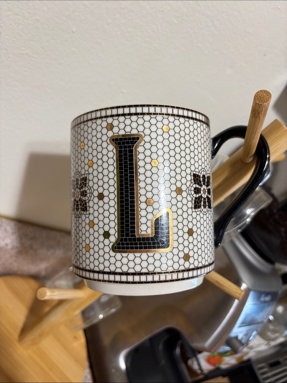 Monogram L Ceramic Mug with Black Handle and Gold Accents Anthropologie